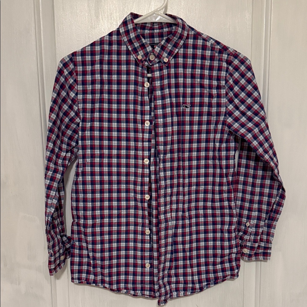 Vineyard Vines Boys Red, White, and Blue Plaid Button-Down Shirt